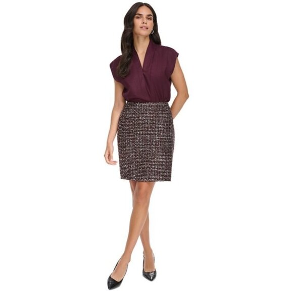 Calvin Klein Women's Tweed Mini Pencil Skirt burgundy Black Size 10 MSRP $89 - Picture 4 of 6